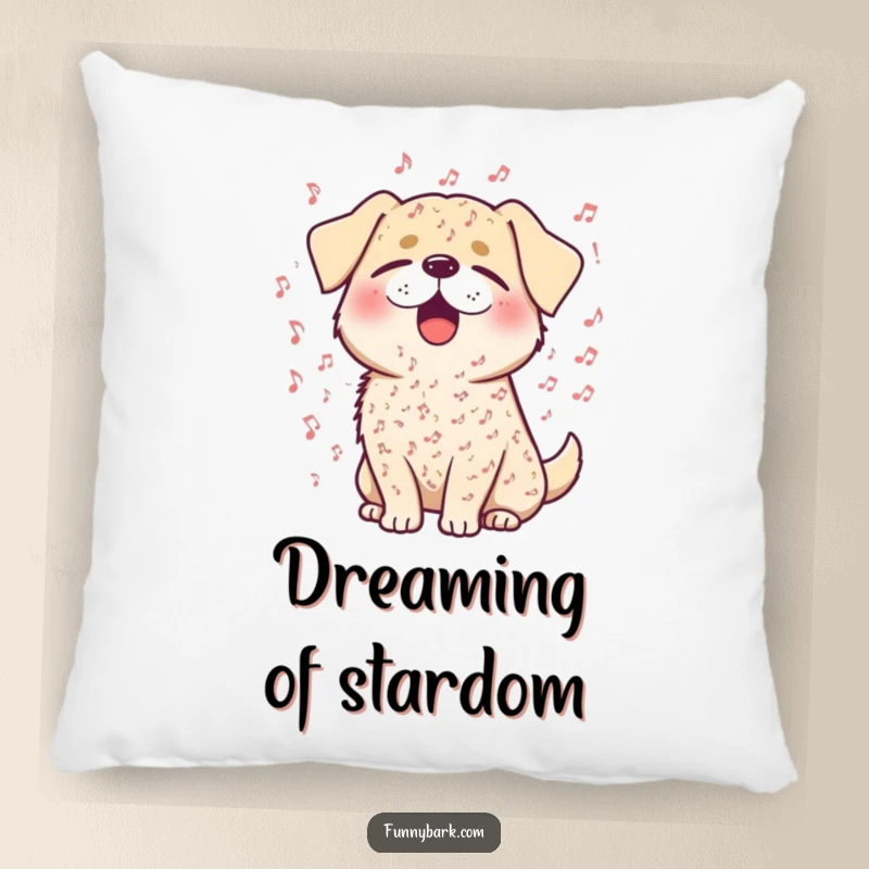 Funny pillow with a sleeping dog enjoying music, eyes closed, with musical notes floating around it.