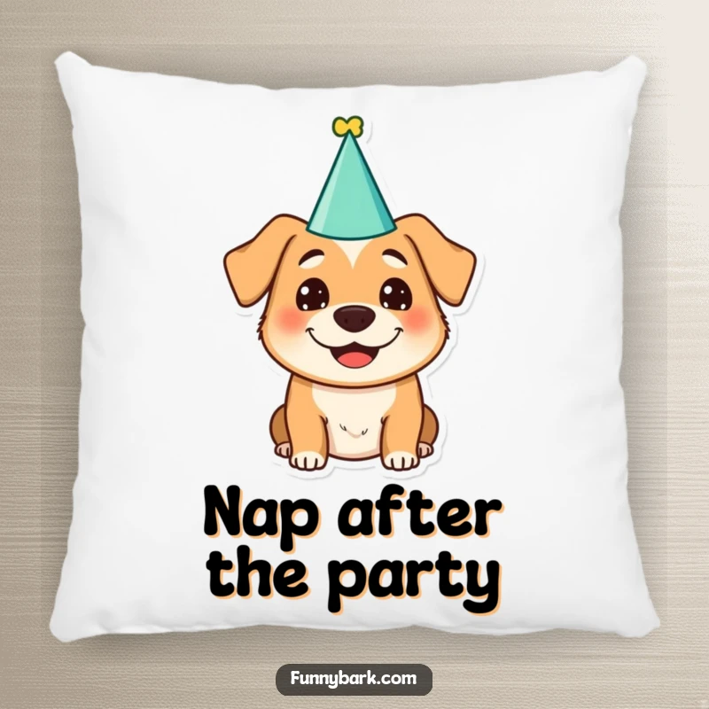 Funny dog character in a party hat with a silly grin on a cozy pillow, perfect for adding humorous comfort.