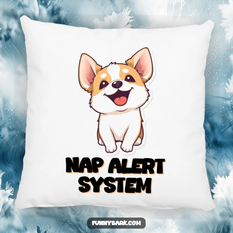 Funny pillow with a dog's head tilted in an endearing way, ears perked, mid-yip, providing soft comfort and a humorous touch.