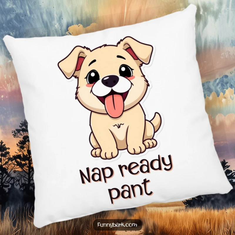 Funny pillow featuring a dog happily panting with its tongue out, mid-bark, offering soft comfort and a dose of comical canine cheer.