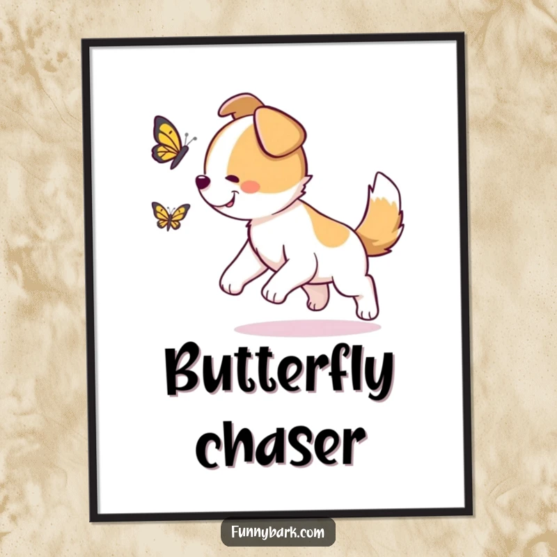 Funny Dog Digital Art: A dog with its tail wagging furiously, joyfully chasing a fluttering butterfly, full of bliss.