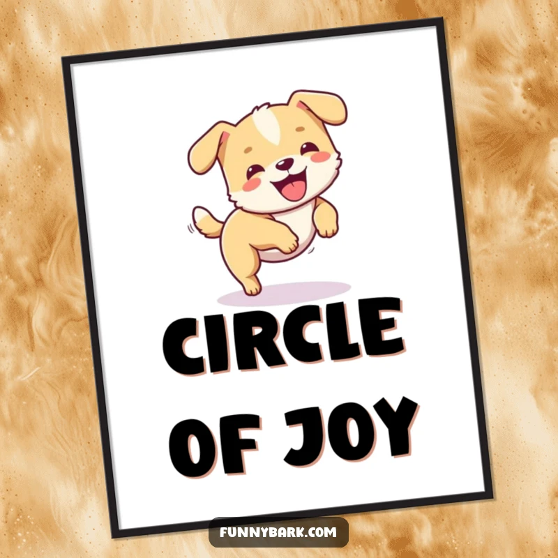 Funny digital art print of a small dog character joyfully spinning in a circle, chasing its tail with playful abandon.