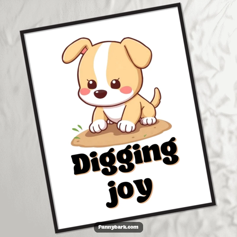 Funny digital art print of a happy dog digging a hole, tail wagging, capturing pure canine joy for instant decor.