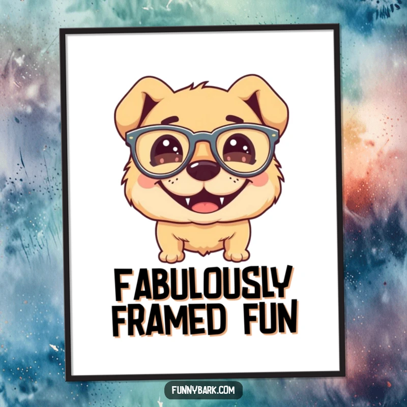 Funny dog digital art print, silly grin, wearing oversized floppy glasses, humorous and whimsical wall decor.