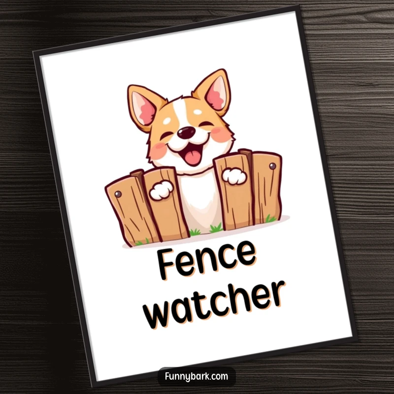 Funny Barking Dog Digital Art: High-resolution printable of a dog energetically peeking from behind a fence, barking with humor.