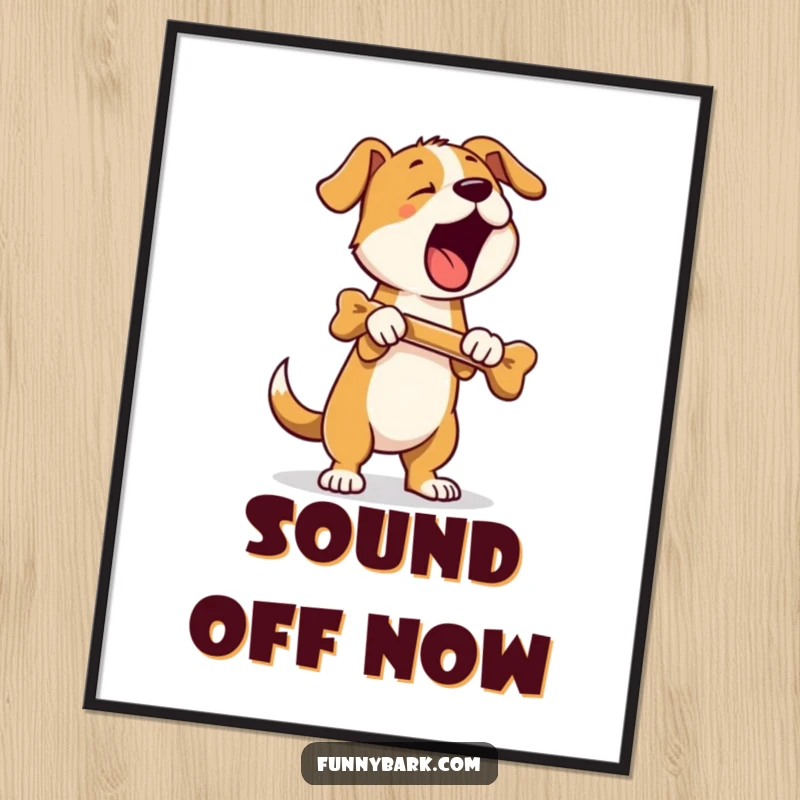 Funny digital art print of a dog standing on hind legs, holding a bone, and barking; vibrant and humorous wall decor.