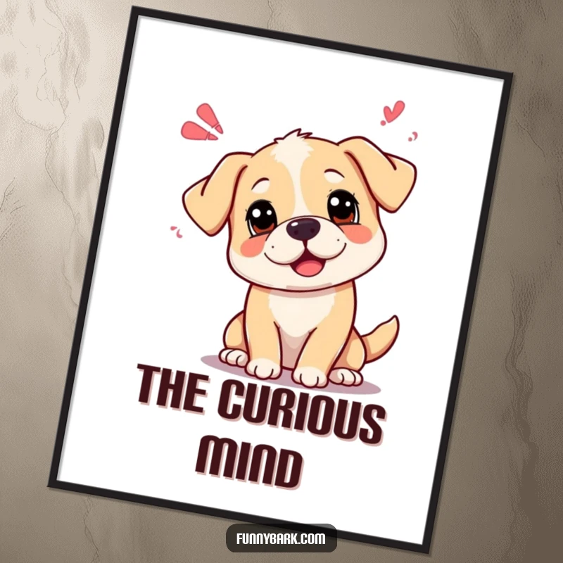 Funny curious dog digital art print showing a dog with head tilted, emitting playful sound waves, ready for printing.