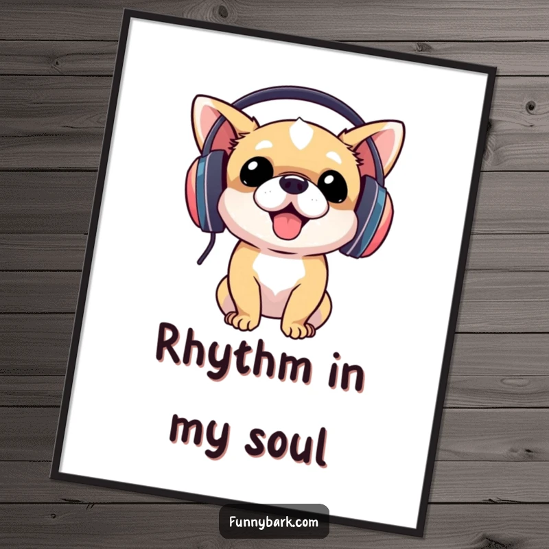 Funny dog wearing oversized headphones, enthusiastically bobbing its head, as a downloadable digital art print, great funny gift.