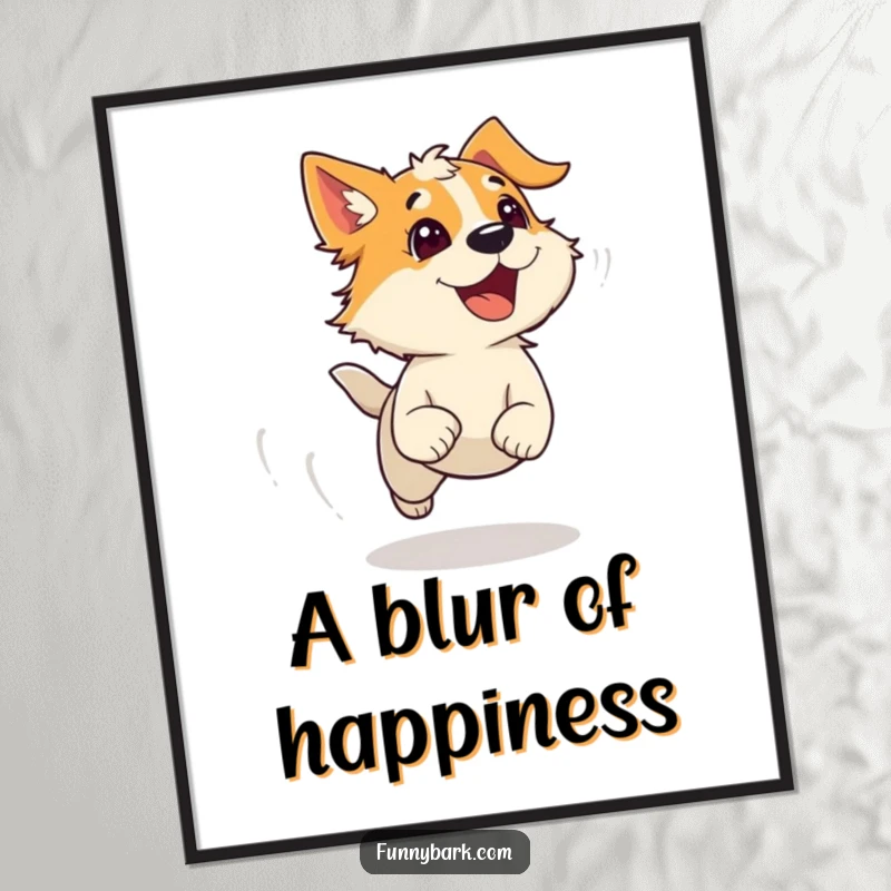 Funny Digital Art Print: An energetic dog character runs with wind-ruffled fur and an excited bark, bringing humorous and dynamic art to any space.
