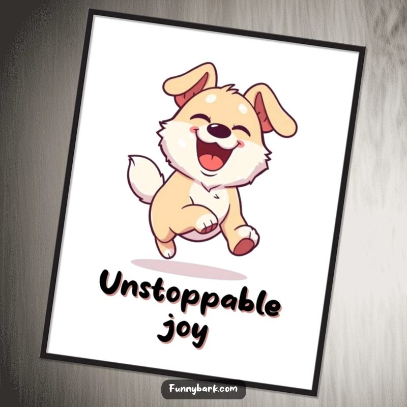 Funny Joyful Dog Digital Art Print of a dog character with an overjoyed expression, running with boundless energy, for instant decor.