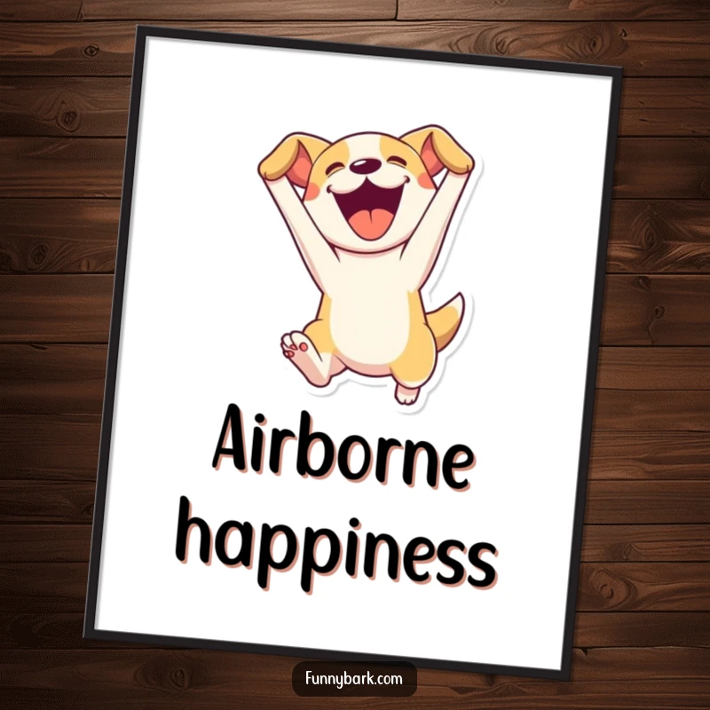 Funny digital art print of a dog character leaping enthusiastically with its mouth open, capturing dynamic movement and uninhibited canine joy.