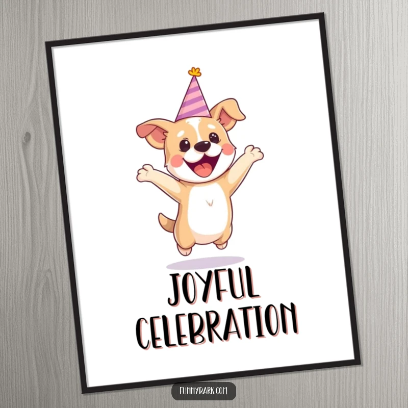 Funny party dog digital art print showing a dog in a tiny hat, jumping with excitement, ready for printing.
