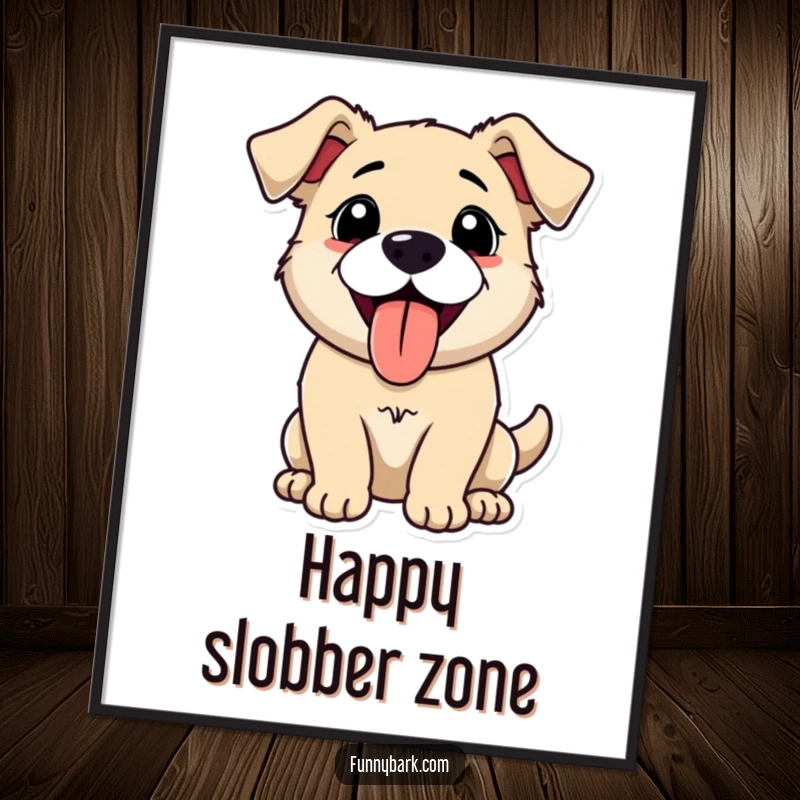 Funny digital art print of a dog happily panting with its tongue out, mid-bark, radiating pure joy and comical canine energy.