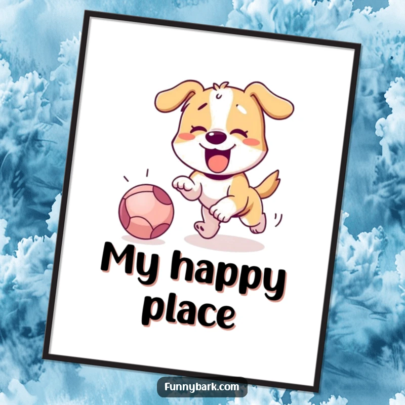 Funny dog's athletic pose, intensely focused on a rolling ball, in a high-resolution digital art print.