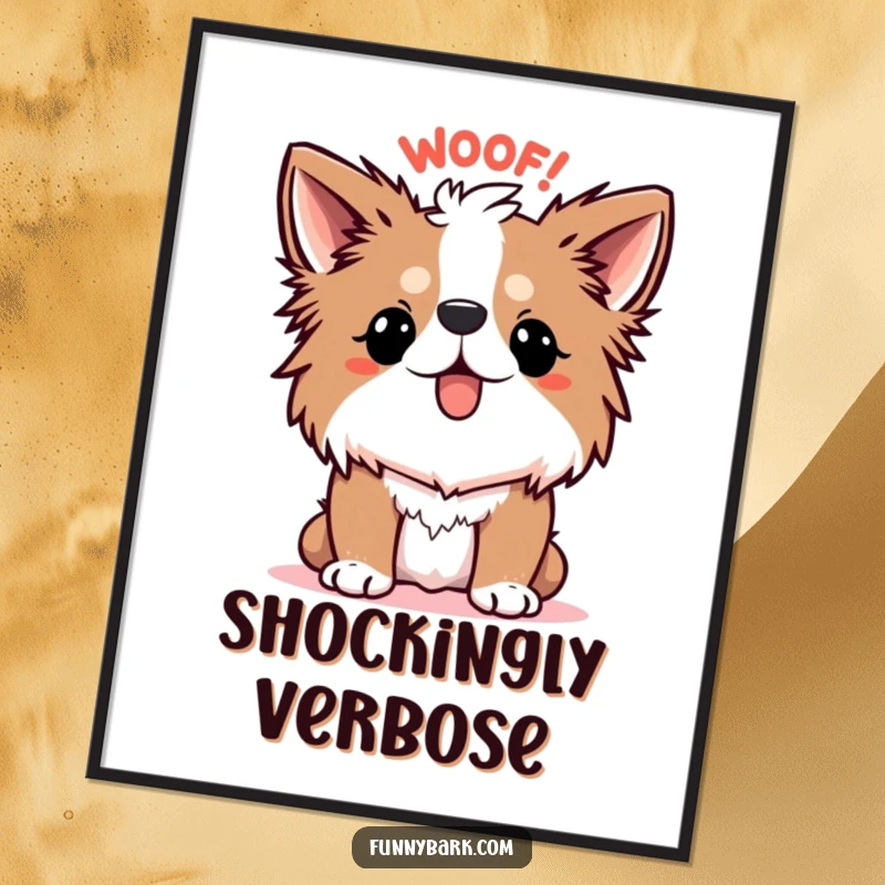 Funny Digital Art Print of a dog with its fur standing on end, emitting a cartoonish WOOF! in humorous surprise.