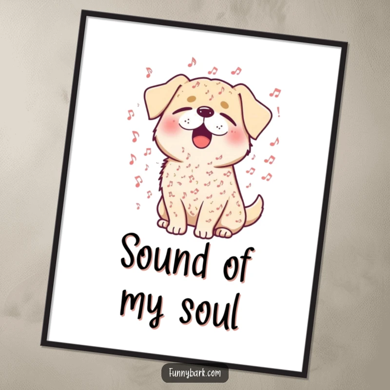 Funny digital art print of a dog singing with closed eyes and musical notes, ideal for wall decor.