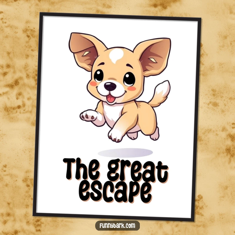 Funny floppy eared dog digital art print showing a dog in mid-leap, ears and tail conveying energetic happiness.
