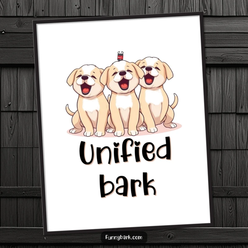 Funny digital art print of a group of puppies barking in unison, tails wagging furiously, full of collective, happy energy.