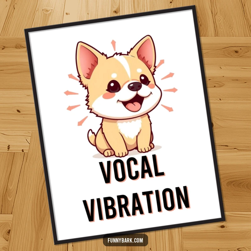 Funny digital art print of a small dog with its mouth open, radiating vibrant sound waves, symbolizing energetic vocalizations.