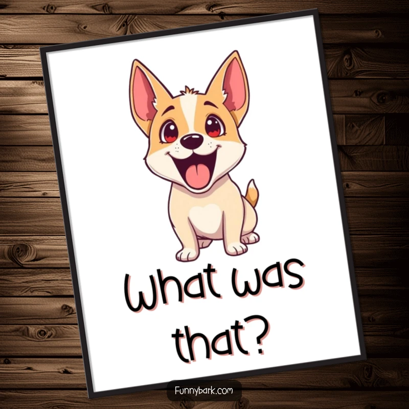 Funny Dog Digital Art: A dog with exaggerated excitement, head tilted, ears perked skyward, ready for fun.