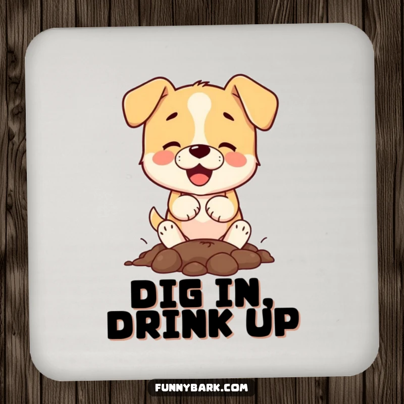 Funny small dog character digging with paws on drink coasters, adding dog-themed humor to table settings.