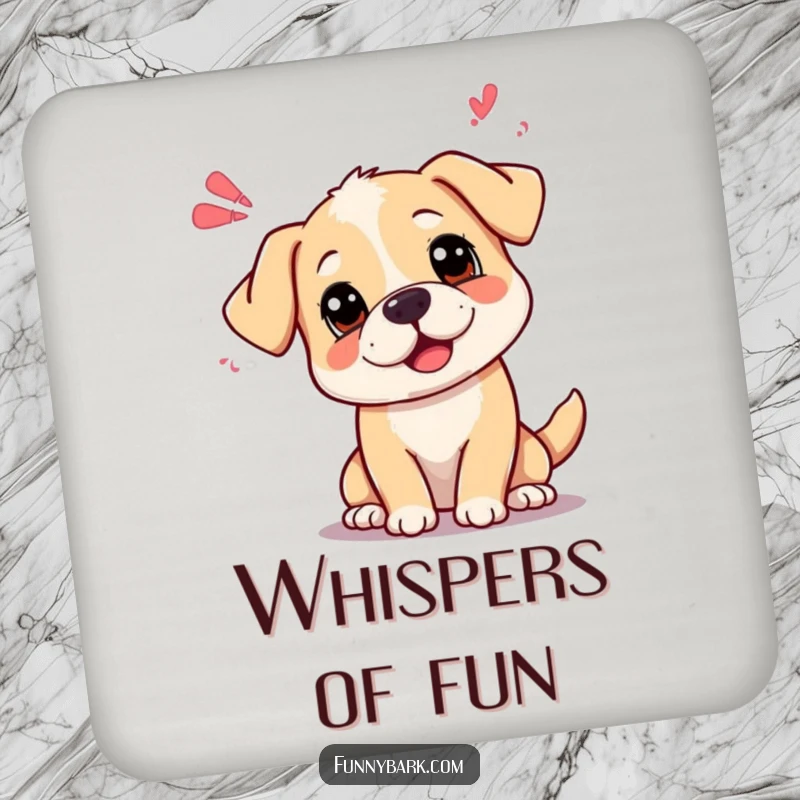 Funny curious dog coaster with head tilted, emitting playful sound waves, adding thoughtful charm and protection.