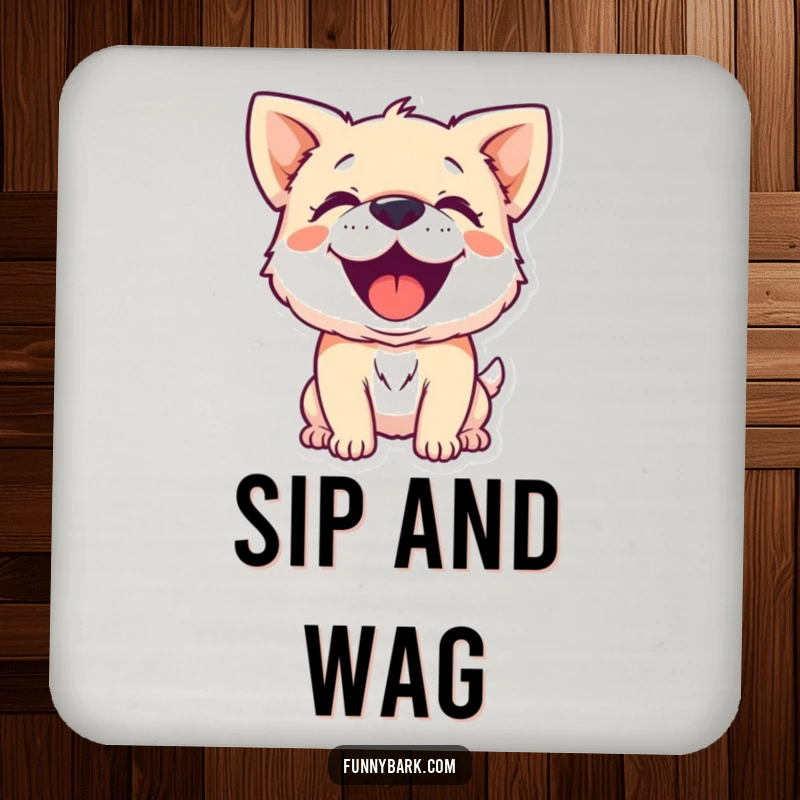 Funny drink coaster featuring a small dog character barking with joyful exuberance, adding a cheerful touch.
