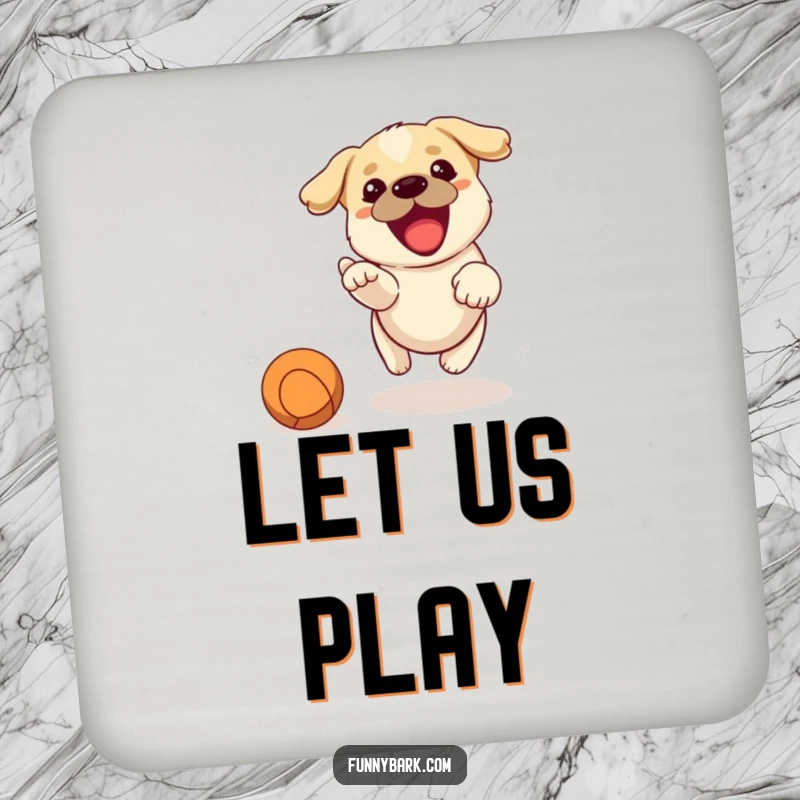 Funny drink coaster featuring an energetic dog barking with joy while chasing a thrown ball, perfect for tables.