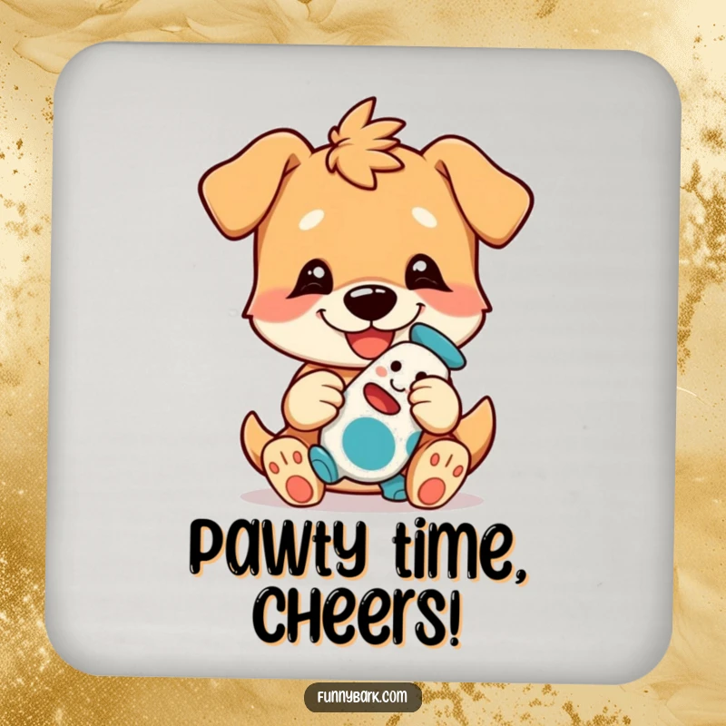 Funny Dog Coaster featuring a dog character with a playful grin, playfully presenting its treasured toy.
