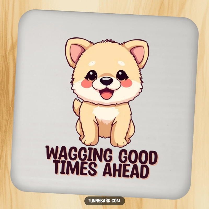 Funny Dog Drink Coaster: A small, fuzzy dog with its tail wagging enthusiastically and a wide smile, adding joyful humor to protection.