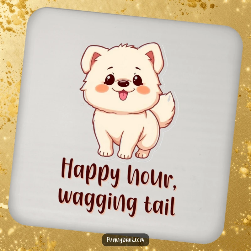 Funny drink coaster: A fluffy dog character excitedly wagging its tail, adding humor to your surfaces, a charming funny gift.