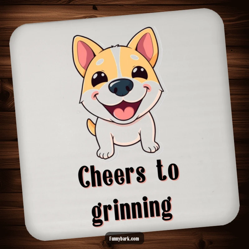 Funny Coaster Set featuring a dog with a wide, excited grin, appearing to shout greetings, stylish protection.