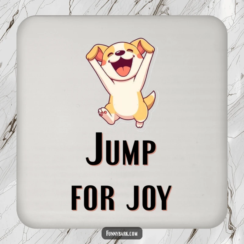 Funny drink coasters featuring a dog character leaping enthusiastically with mouth open, adding a dynamic and comical touch to any surface.