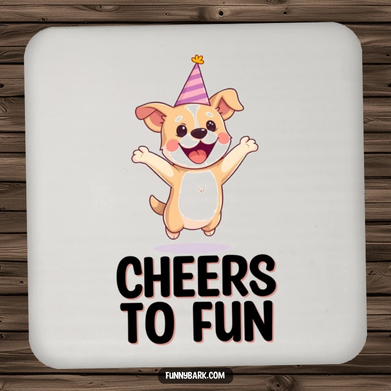 Funny party dog coaster with a tiny hat, showing a dog jumping with excitement, adding festive charm and protection.