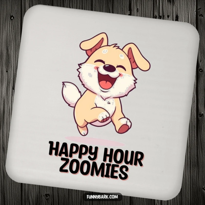 Funny Joyful Dog Coaster featuring a dog character with an overjoyed expression, running with boundless energy.