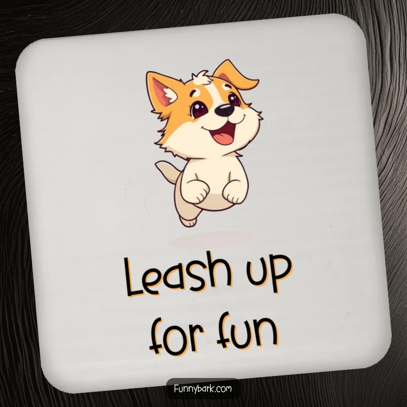 Funny Drink Coaster: An energetic dog character runs with wind-swept fur and a bark, protecting surfaces with a humorous, active design.