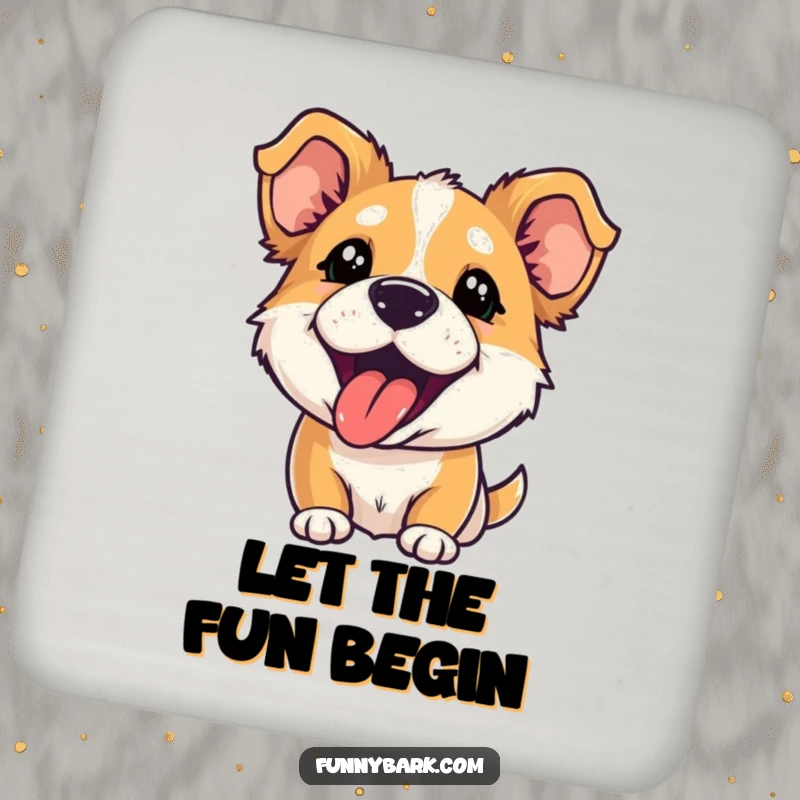 Funny drink coasters showing a dog, ears perked and tongue out, hilariously mid-playful bark, adding charm to tables.
