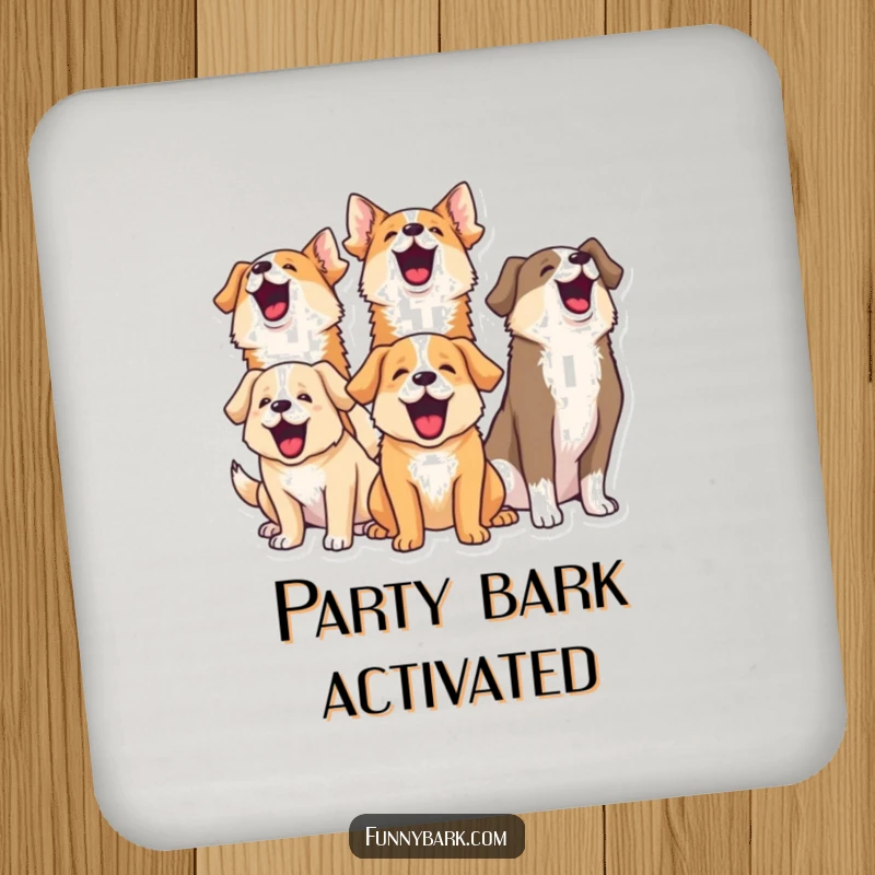 Funny drink coasters showing a pack of dogs barking together, providing charming and humorous protection for tabletops.