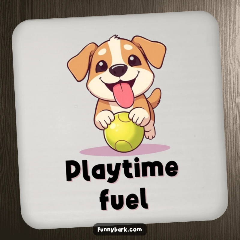 Funny grinning dog coaster with tongue hanging out, depicting a dog chasing a ball, adding fun and protection.