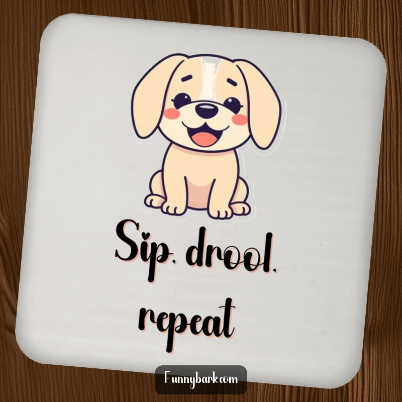 Funny drink coaster: A dog silhouette with a happy open mouth and droopy ears, protecting surfaces with humor.