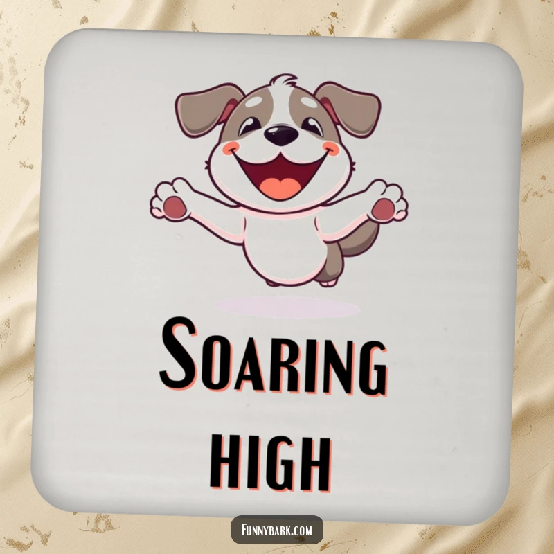 Funny Dog Coaster: A dog with a wide smile, enthusiastically leaping into the air, perfect for drinks.
