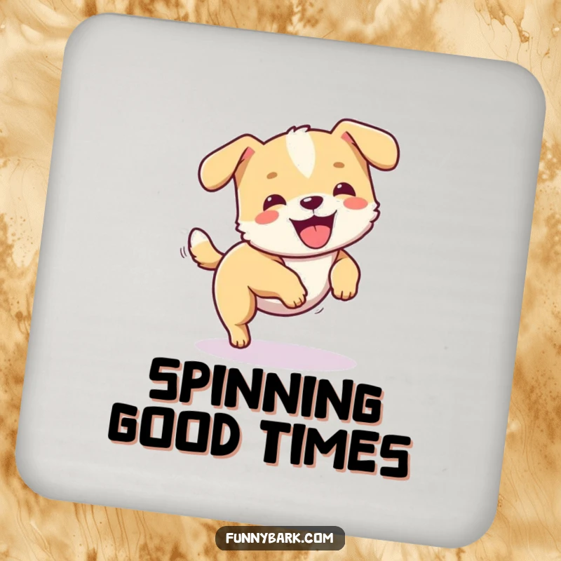 Funny dog coaster illustrating a small dog joyfully spinning in a circle while chasing its tail, protecting surfaces.