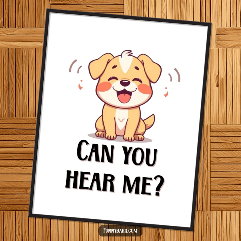 Funny Dog Poster: A dog joyfully barking, with sound waves illustrating the happy vocalizations, energetic decor.