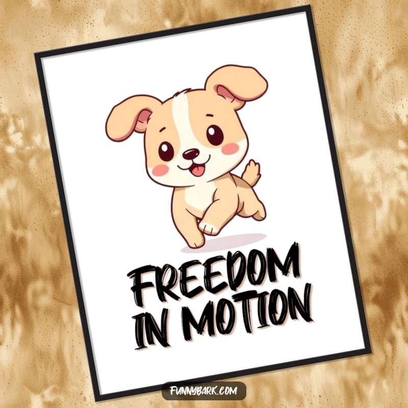 Funny dog poster, ears flapping upwards, running at full speed, sense of exhilaration, outdoor setting.