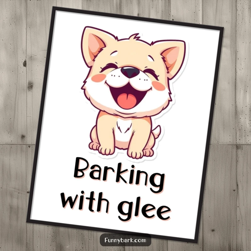 Funny poster print of a small dog character barking with infectious, joyful exuberance, capturing pure canine happiness.