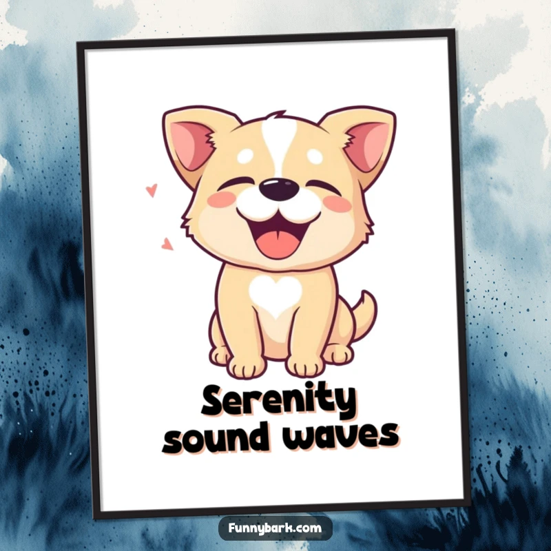 Funny Poster: A dog with eyes closed in delight, with sound waves symbolizing a happy bark, conveying pure tranquility. Ideal decor.