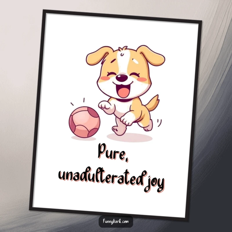 Funny dog character in a playful leap, chasing a rolling ball across a vibrant, humorous poster.