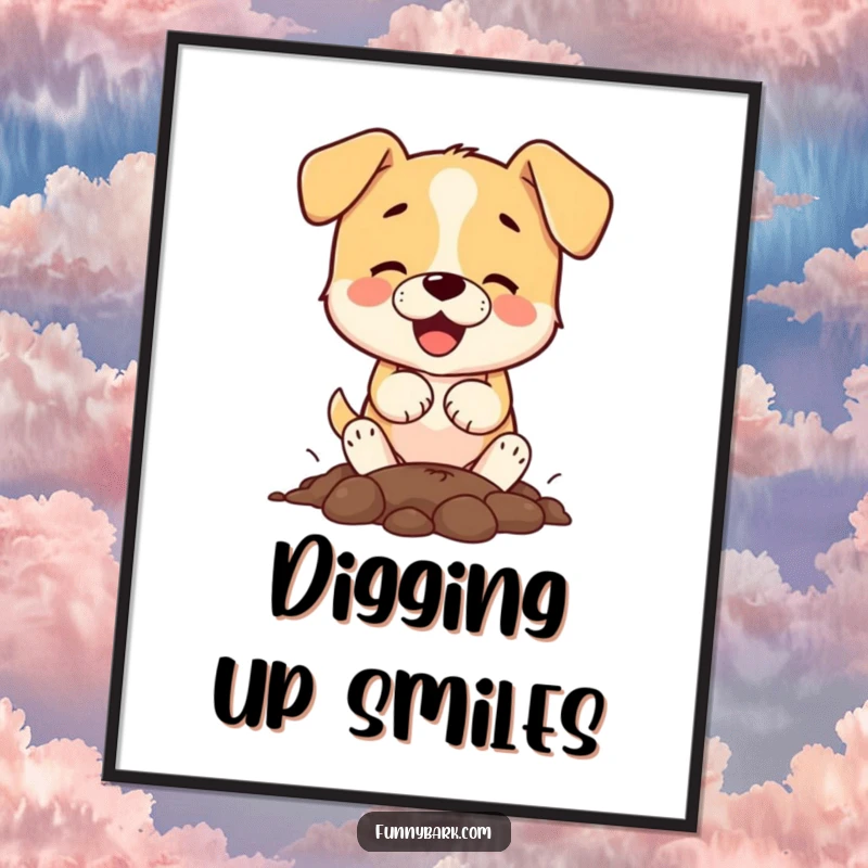 Funny small dog character digging with paws, conveying excitement on a vibrant and humorous poster.