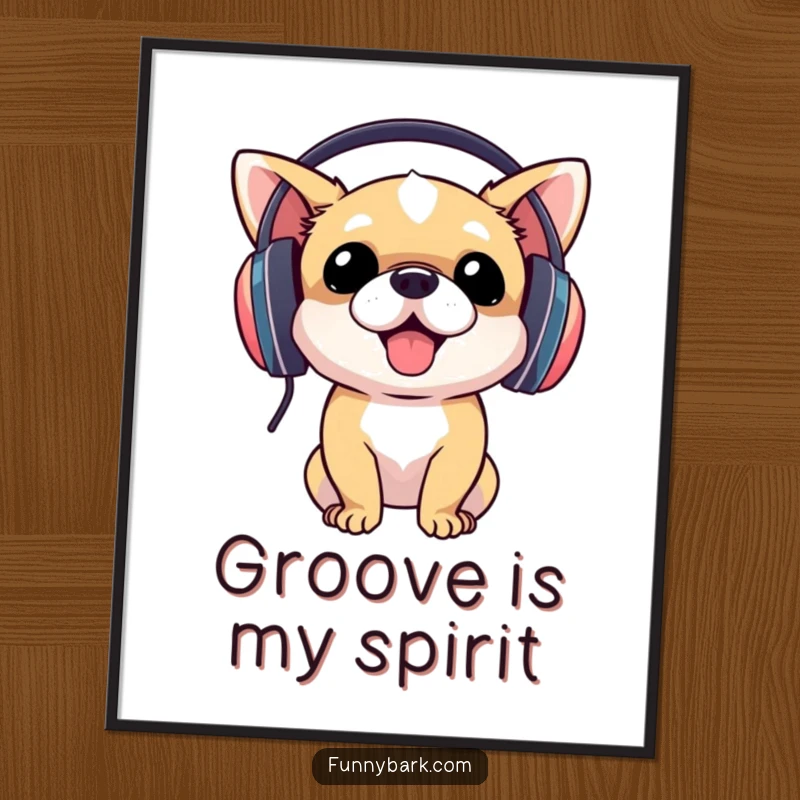 Funny dog wearing oversized headphones, enthusiastically bobbing its head, displayed as a vibrant poster, a great funny gift.