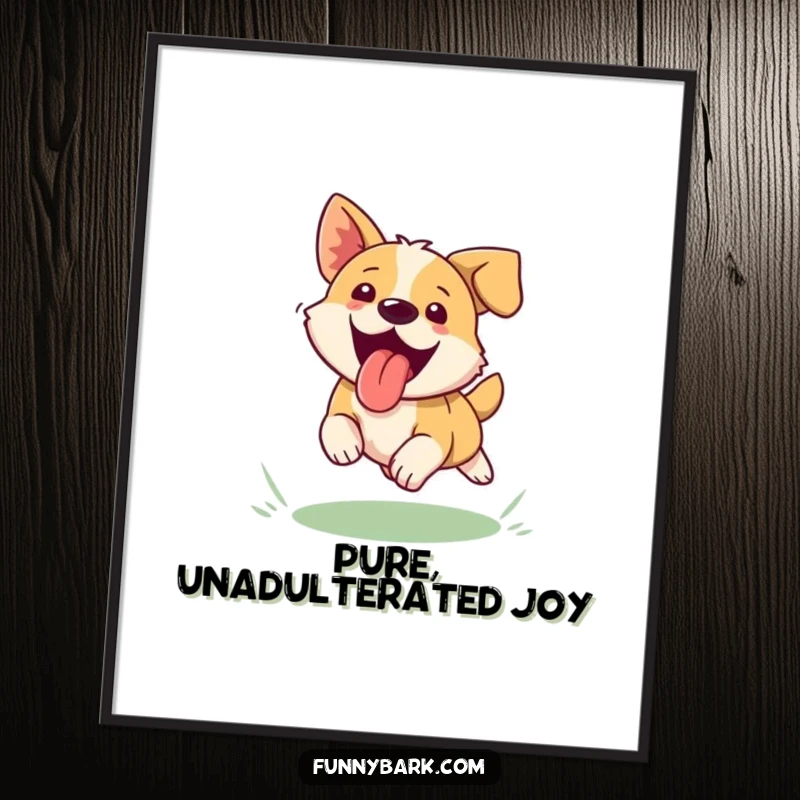 Funny dog poster, tongue out, joyfully chasing a frisbee, action shot, outdoor park scene, vibrant.